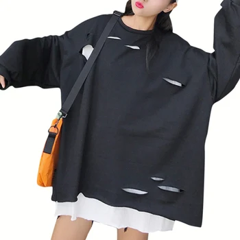 

Women Fake Two-piece Stitching Loose Sweatshirt Round Collar Hole Pullover Long Sleeve Casual Solid Color Streetwear Tops