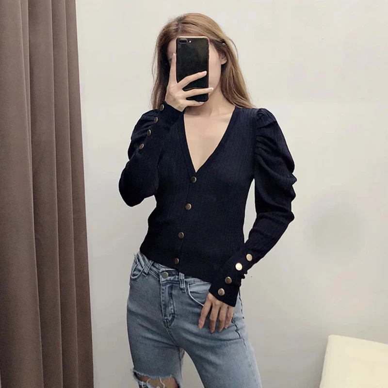 TWOTWINSTYLE Black Knitted Women's Sweater V Neck Puff Sleeve Single Breasted Korean Sweaters Female Autumn Winter New