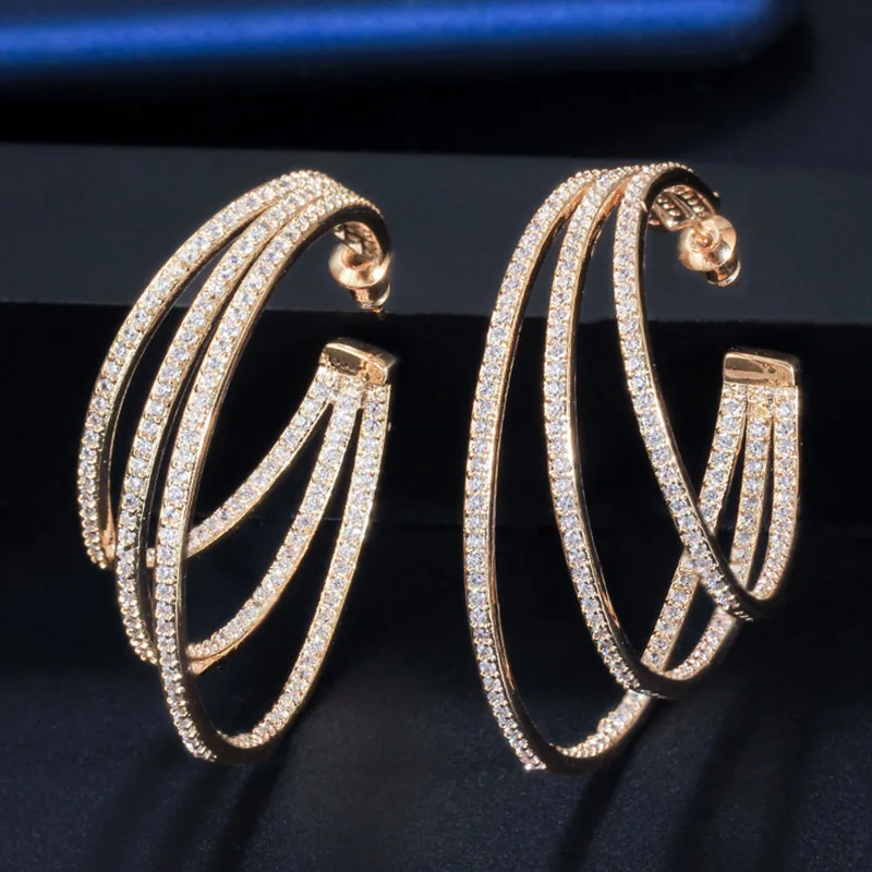 Yellow Gold Pera уникальный дизайн блестящее желтое золото Большой 3 круг Круглые Женские серьги-кольца для свадебного платья Ювелирные изделия из кубического циркония E411 - Окраска металла: Yellow Gold