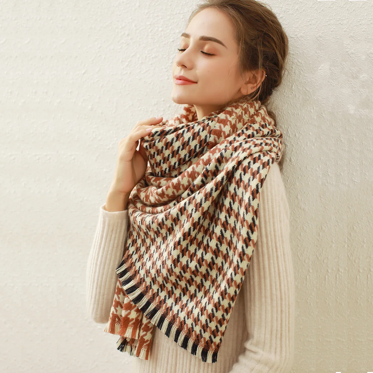 MS21-SF11 Women Windproof Thick Warm Pashmina Houndstooth 70*180CM Scarf For Winter |