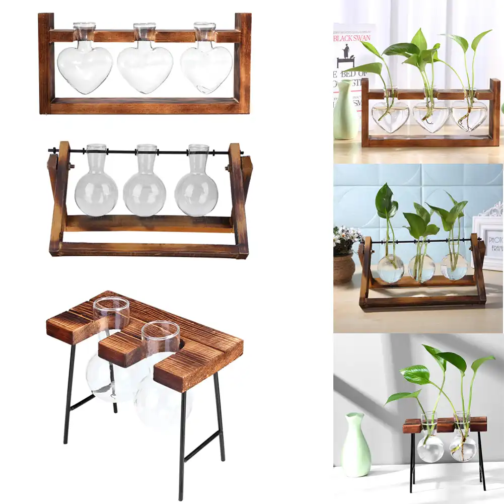 ガラスと木花瓶プランターテラリウムテーブルデスクトップ水耕植物盆栽フラワーポットポット木製トレイ家の装飾 花瓶 Aliexpress