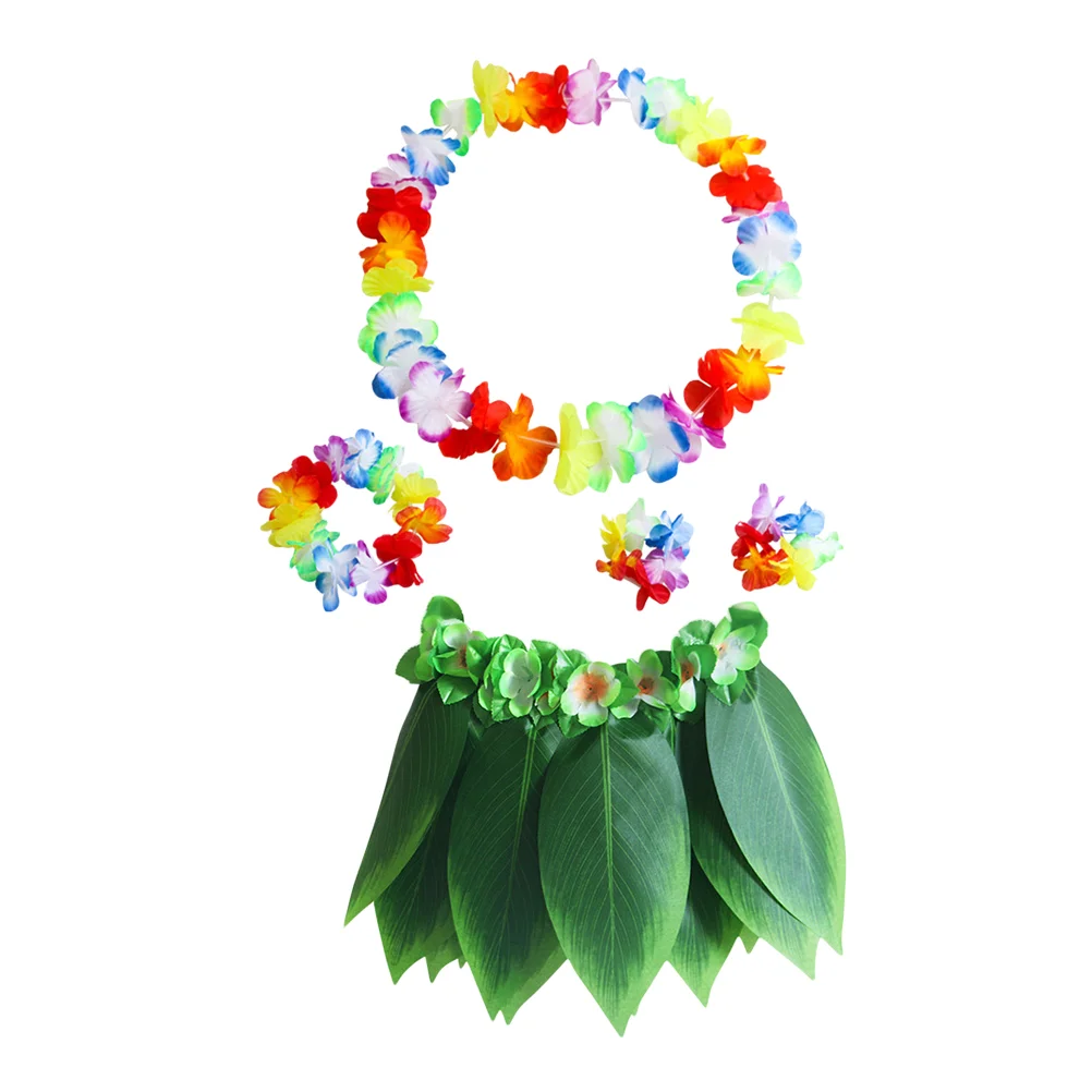 falda verde BESTOYARD 6pcs falda de hierba hula tropical traje de disfraces hawaiano conjunto de niños flor pulseras de Leis collar de la venda conjunto de sujetador 40 cm 
