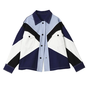 

Loose Loose Fit Contrast Color Split Big Size Denim Jacket New Lapel Long Sleeve Women Coat Fashion Tide Spring 2020 1S255Q