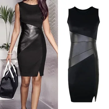

2020 Fall Plus Size Party Dress Women Faux Leather Splice OL Black Pencil Dress O Neck Sleeveless Elegant Slim Bodycon Dress