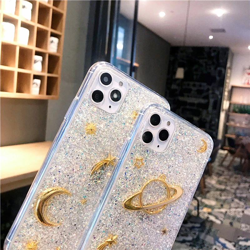 Luxury Space Moon Glitter Phone Case For iphone 11 Pro Max Case XS MAX XR 6 7 8 plus XS X Universe Planet Sequins Silicon Cover