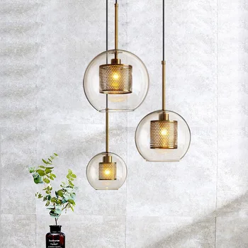 

Nordic Brown Iron Net E27 Lampholder with Clear Glass Ball Shade Copper Wire Droplight Warm Pendant Light Dining Room