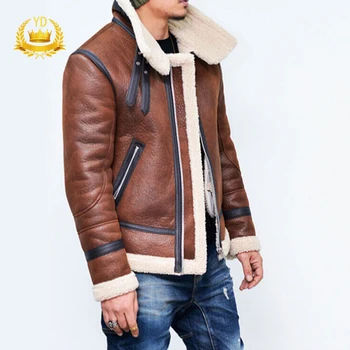 

Men's Winter Fashion Retro Faux Leather Bomber Coat Fur Lining Jacket Lapel Lamb Hair Stand Collar YDJS