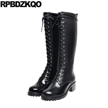 

autumn block lace up designer shoes women luxury 2019 female long patent leather black casual tall knee high fur boots chunky