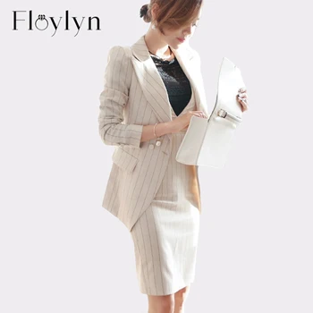

Floylyn Women Striped Office Lady Dress Suits 2 Two Piece Sets Elegant Notched Jacket Blazer with Fashion Sheath Dresses Femme