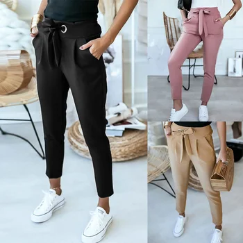 

Office Lady Pants Korean Style Ankle-Length Trousers Elegant Woman Pants Solid Color Drawstring Slim Trousers Pencil Pants D30