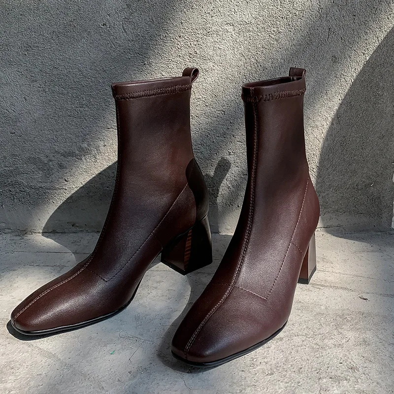 2020 Autumn and Winter New Slender Square Head Net Red Celebrity Inspired Elastic Short Boots Women's High-Heeled High-End Boots