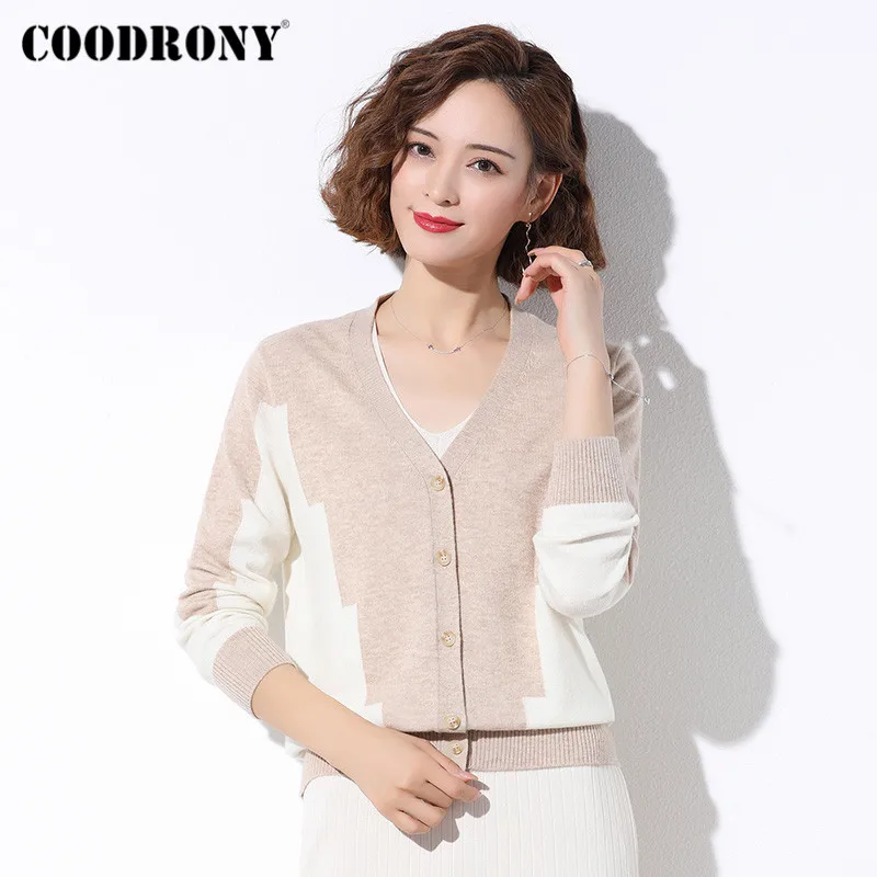 COODRONY Brand V-Neck Soft Wool Geometric Cardigan Woman 2020 Autumn Winter Streetwear Knitted Casual Slim Sweater Female W1048