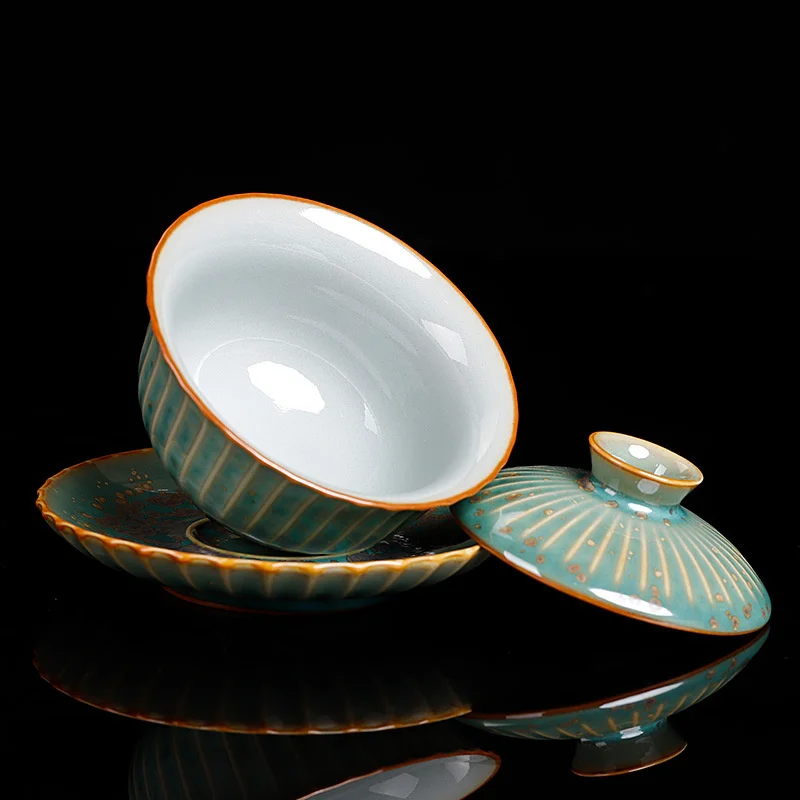 140ml Green Glaze Kiln Change Gaiwan Vintage Ceramic Kung Fu Tea Bowls Master Cup Pu'er Tea Tureen Cup Teapots Bowl With Lid