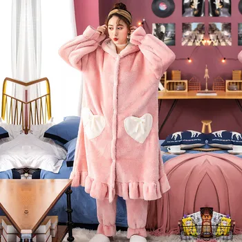

Young Lady Pink Coral Velvet Warm Sleepwear Winter Cute Cartoon Pajamas Set Home Clothing Casual Pyjamas Suit Hooded Nightwear