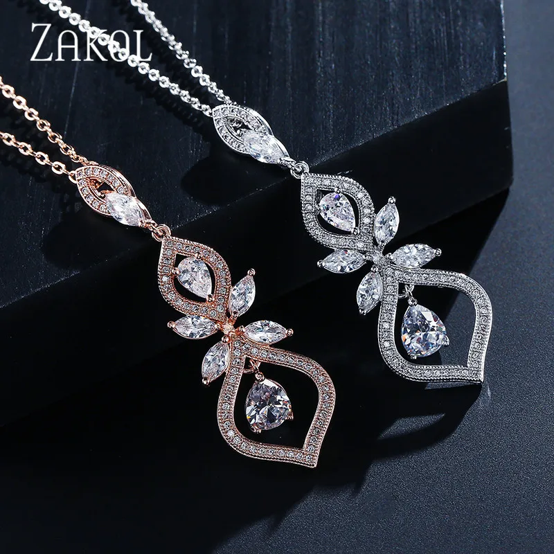 ZAKOL изысканный лист CZ свадебные ювелирные изделия для женщин модные подвески и