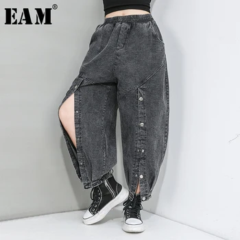 

[EAM] High Elastic Waist Black Button Split Long Wide Leg Trousers New Loose Fit Pants Women Fashion Spring Autumn 2020 1R624