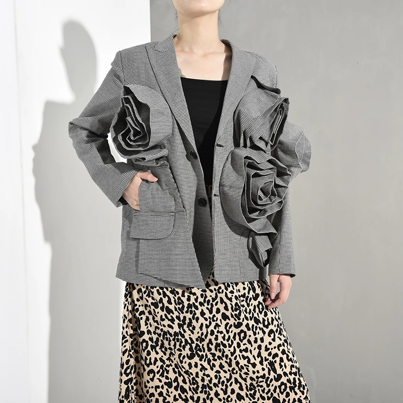 Best  [EAM] Loose Fit Plaid Three-dimensional Hollow Out Jacket New Lapel Long Sleeve Women Coat Fashion 