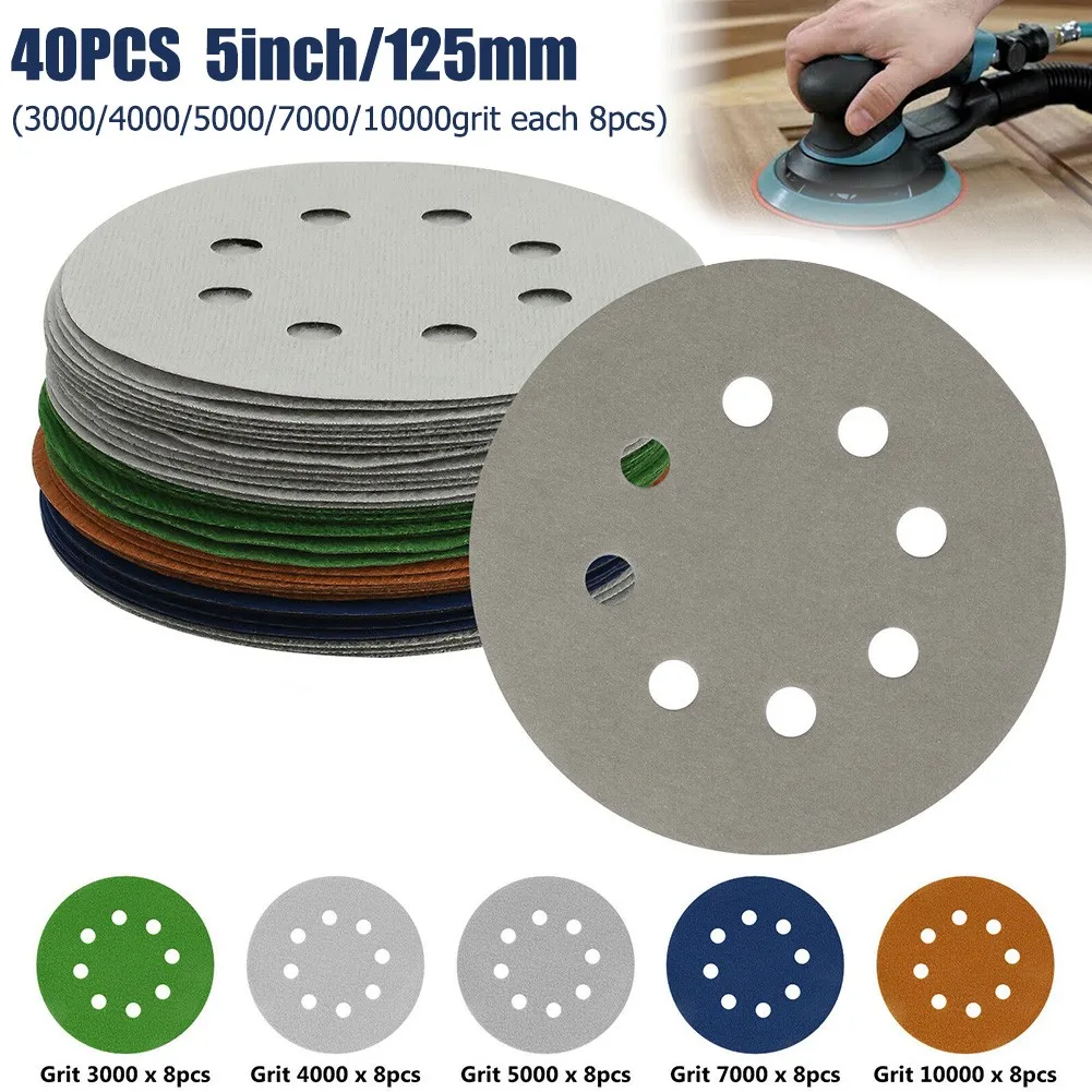 40PCS Sanding Discs 5inch/125mm 8 Holes Hook Loop Sandpaper Silicon