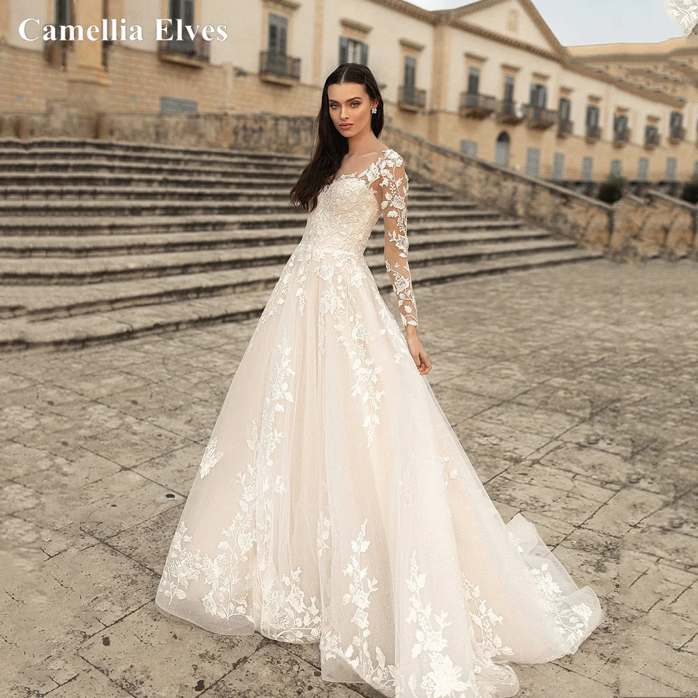 

Vintage Long Sleeve Lace Wedding Dresses For Women Appliques A Line Bride Robes Lace Up Backless Bridal Gowns Vestidos De Novia