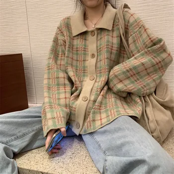 

Women Spring And Autumn Fashion Brand Korea Style Vintage Plaid Open Stitch Knitted Sweater Female Casual Loose Thick Sweaters