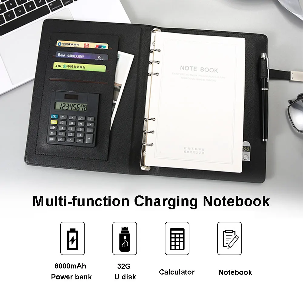 Portátil de Carregamento Couro do Plutônio Portfólio com Calculadora Usb sem Fio à Prova Pasta Dwaterproof Água u Disco Negócios Padfolio a5 32g 1 fio à prova dwaterproof água couro do
