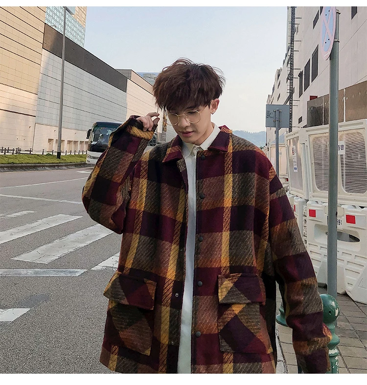 Fashion Mens woolen coat Red Khaki Loose plaid jacket Autumn Spring Winter