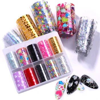 

10 Rolls Valentine's Day Nail Foil Set Hear Flowers Transfer Stickers Decals Holographics Wrap Paper Nail Art Decoration 4*100cm