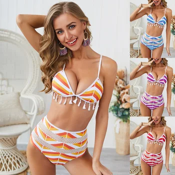

Sexy Tassel Striped Brazilian Bikini Set Swimwear Women Swimsuit High Waisted Bathing Suits Women 2020 Swimming Suit for Women
