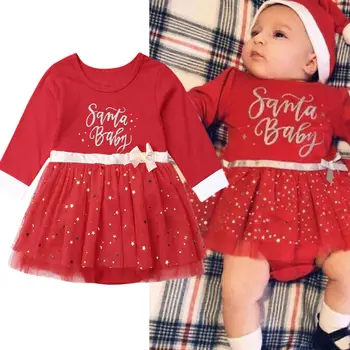 

New Christmas Newborn Infant Baby Girl Red Dress Bow Sequins Tutu Party Dress For Baby Girl Long Sleeve Xmas Costumes