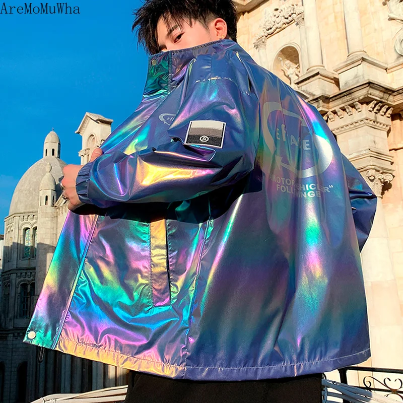 

Shiny Reflective Jacket Men's Spring Autumn New Korean Version of Fluorescent Stand-up Collar Baseball Uniform Men's Jacket 4XL