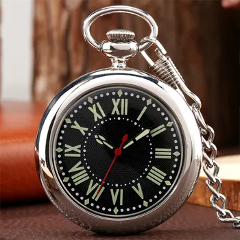 

Smooth Silver Open Face Luminous Roman Numerals Display Pendant Pocket Watches Quartz Movement Vintage Clock Gifts Fob Chain