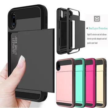 

10 PCS Slide Credit Card Slot Wallet Phone Case For iPhone 6 6S 7 8 Plus 5S SE Armor TPU Shockproof For iPhone X XS Max XR Cover