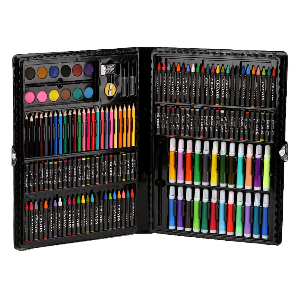 168 шт роскошный Художественный набор для детей, деревянный чехол, цветные маркеры, карандаши, мелки, масляная пастель, Водные краски, принадлежности для рисования# C