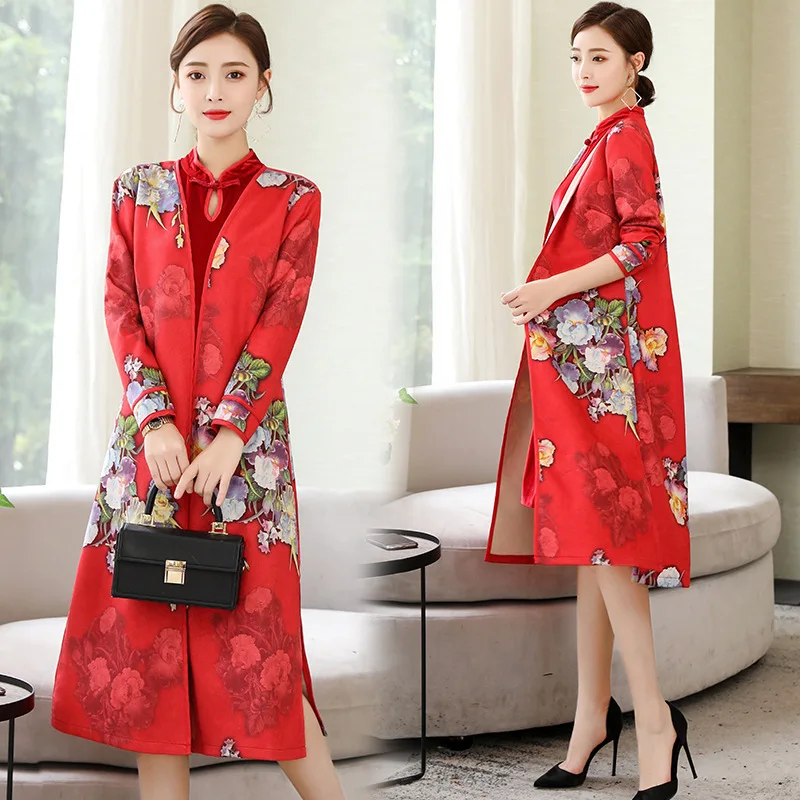 

2019 Autumn And Winter Chinese-style Printed Cheongsam Dress Vintage Improved Chinese Style Formal Dress Middle-aged Women Dress
