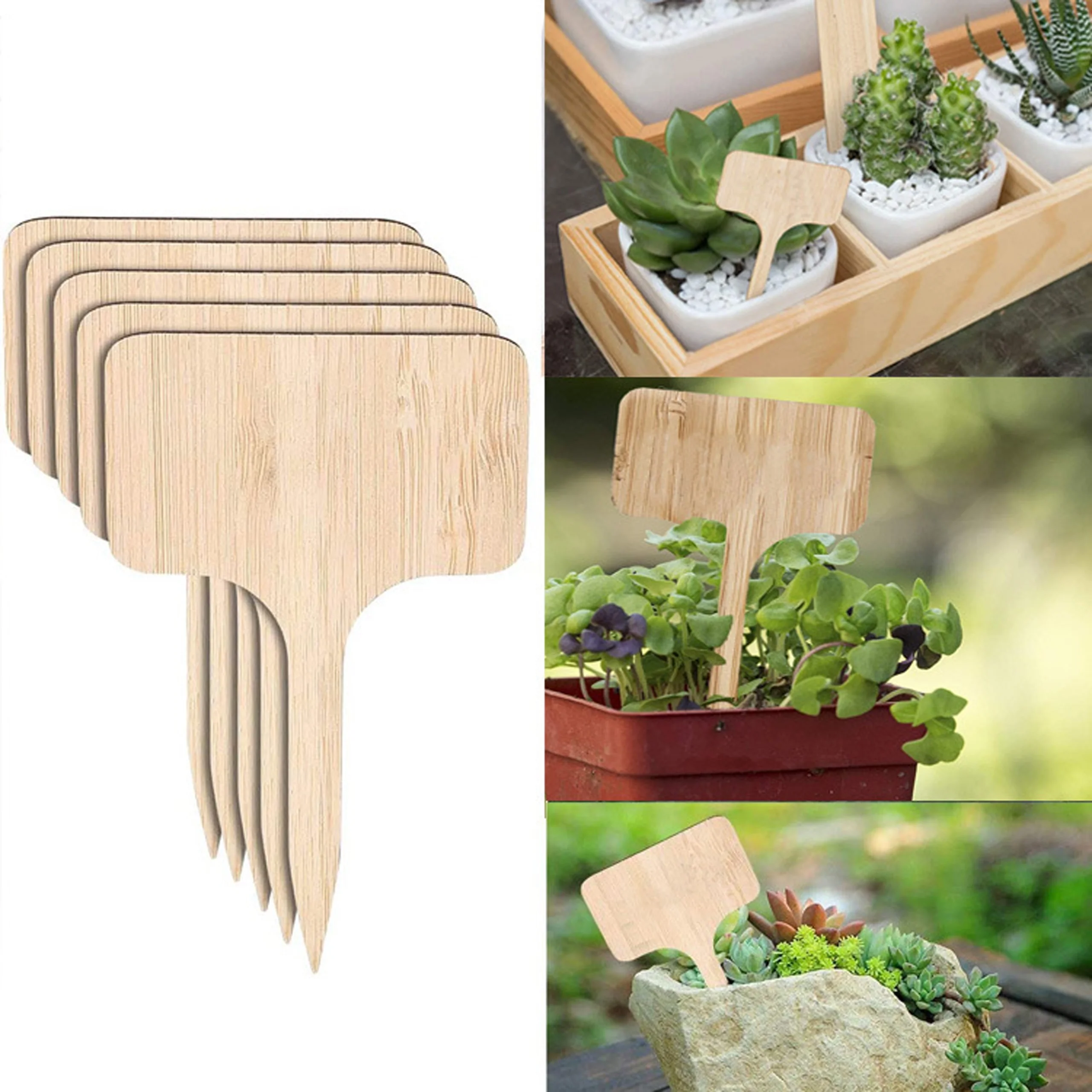 2Pcs DIY Bamboo Wood Sign Tags Garden Markers T-Shape Plant Labels Nursery Pots Seeding Tools Gardening Bonsai Ornament Supply hanging plant holders