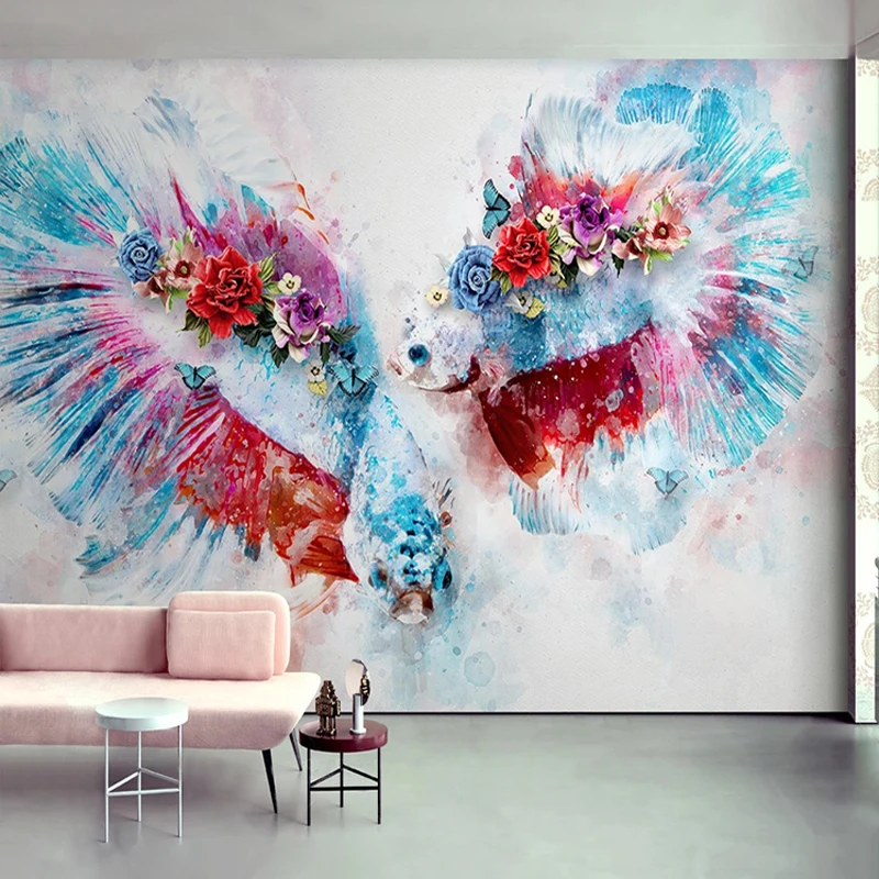 

Custom Mural Retro Hand Painted Watercolor Abstract Fish Flower Butterfly Oil Painting Art Bedroom Living Room Photo Wallpaper