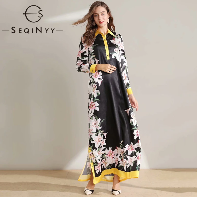SEQINYY Свободное длинное платье Лето Весна Модный дизайн длинный рукав женский высококачественный романтический платье с цветочным принтом лилии