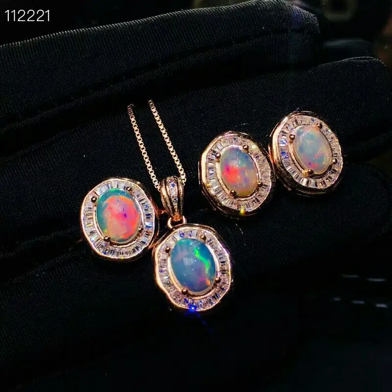 

MeiBaPJ Natural Opal Gemstone Flower Earrings Ring and Necklace 3 piece Siut for Women Real 925 Sterling Silver Fine Jewelry Set