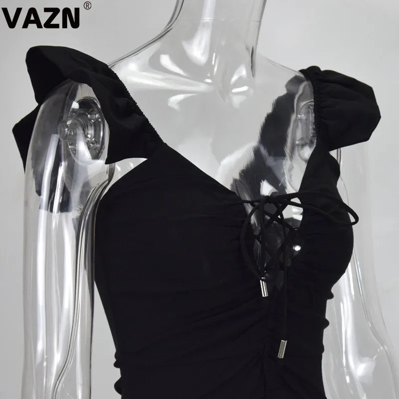 VAZN, новейший стиль, перекрестный бандаж, топ, сексуальный, клубный, неопрятный, модный, однотонный, без бретелек, короткий рукав, высокая талия, женское тонкое мини платье