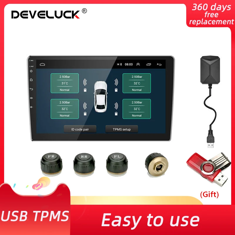 Develuck Android TPMS for Car Radio DVD Player Tire Pressure Alarm Monitoring System Temperature Warning with 4 Outside Sensors car tire pressure monitor car tire pressure sensor