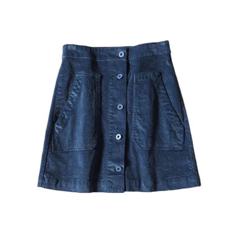 

One's Navy Retro Blue Corduroy High-waisted Slimming A- line Half-length Short Skirt Entity