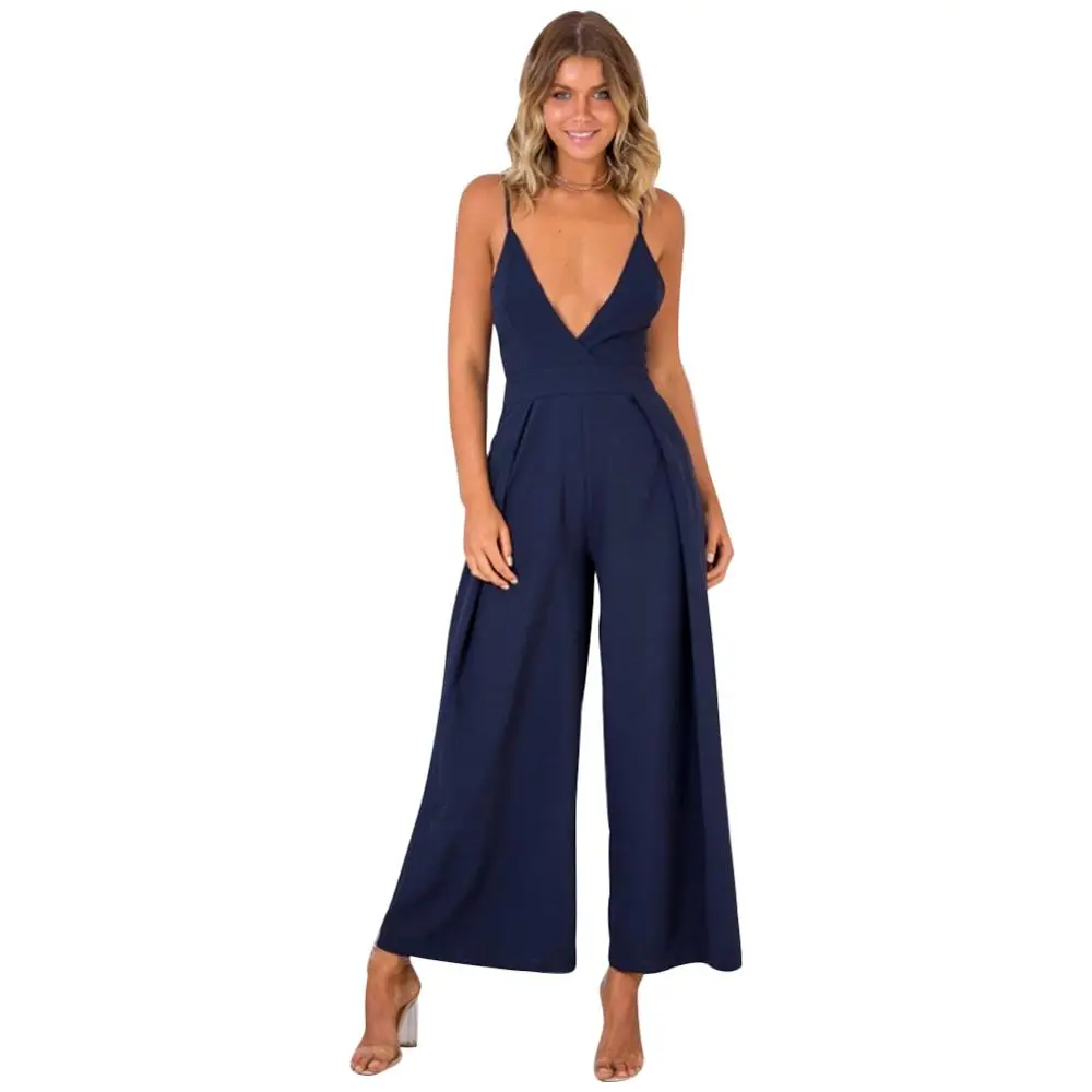 

Women Jumpsuit Wide Leg Rompers Casual Strappy Long Playsuit Overall Sexy V Neck Backless Loose Black Jump suit Summer Plus Size