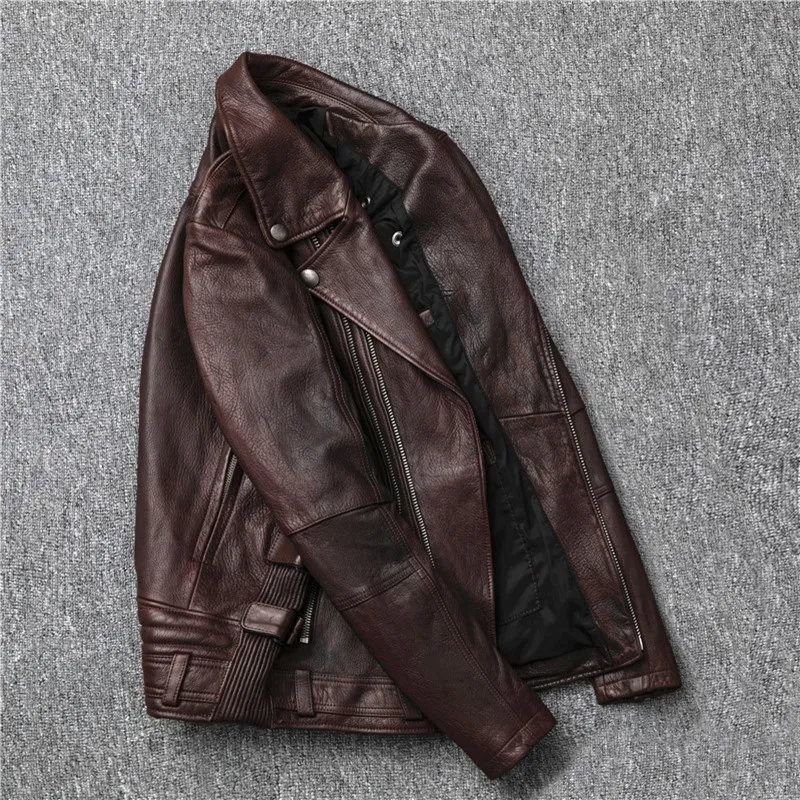 

2020 Dark Brown Men Motorcycle Leather Jacket Large Size XXXXL Genuine Sheepskin Slim Fit Autumn Biker's Leather Coat