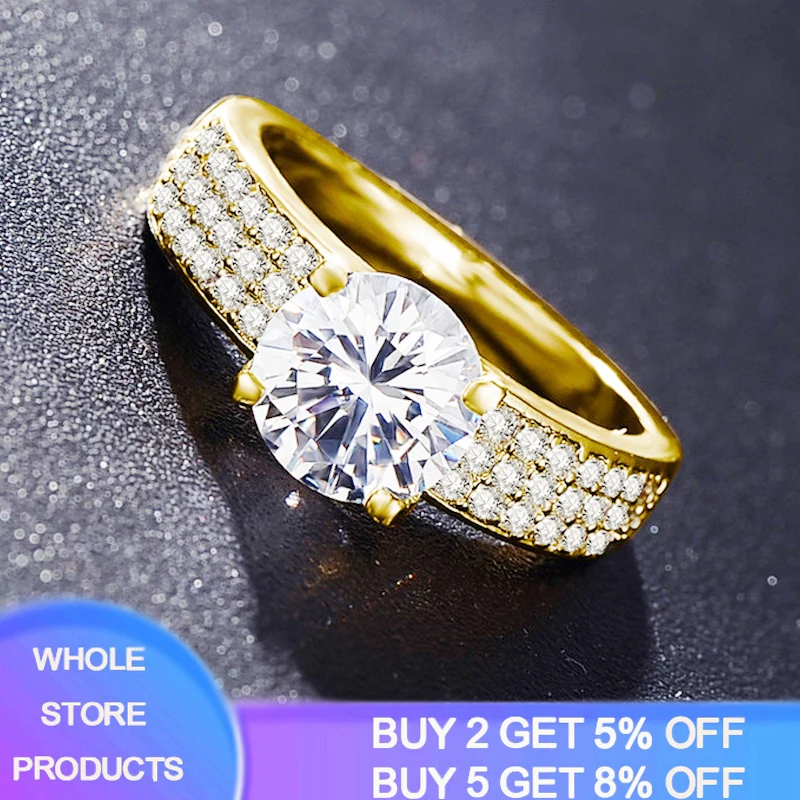 

YANHUI Pure Solid Yellow Gold Color Ring 2ct Zirconia Diamond Wedding Rings For Women Silver 925 Jewelry Ring With 18K RGP Logo