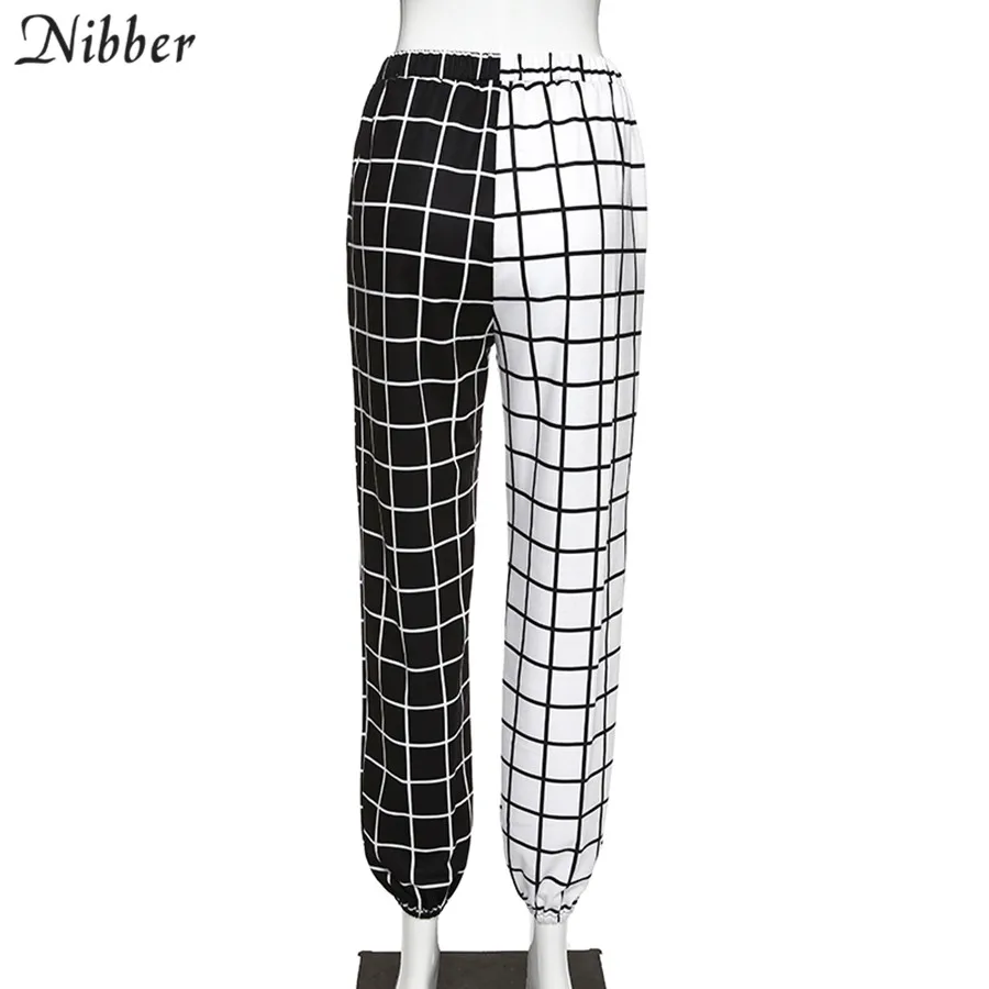 Nibber/черно-белые клетчатые лоскутные шаровары для женщин модные повседневные свободные узкие брюки harajuk уличная одежда эластичные женские брюки