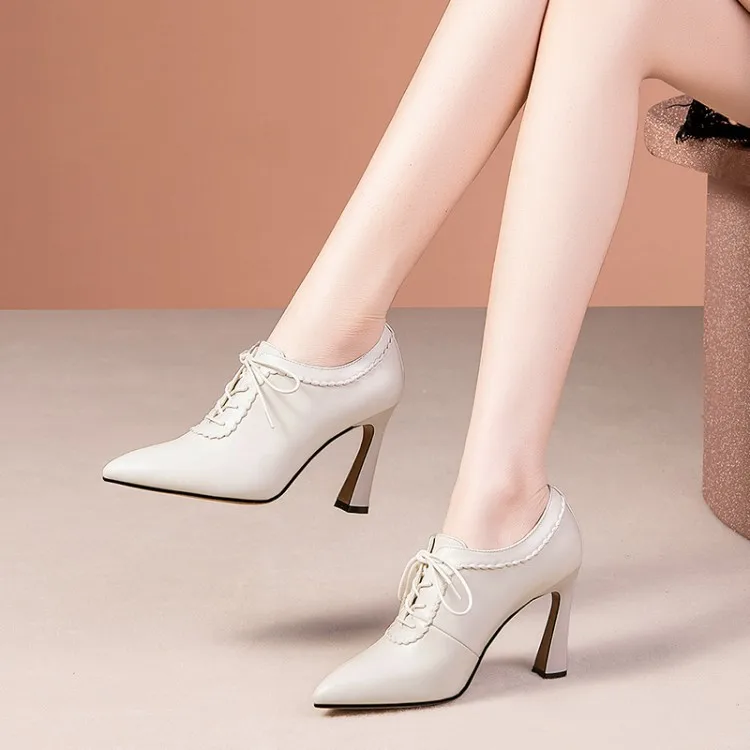 

2020 Spring And Autumn New Style Shoes Chunky High Heel Shoes Cowhide Lace-up Shoes Deep Mouth Simple Versatile Low-top Shoes