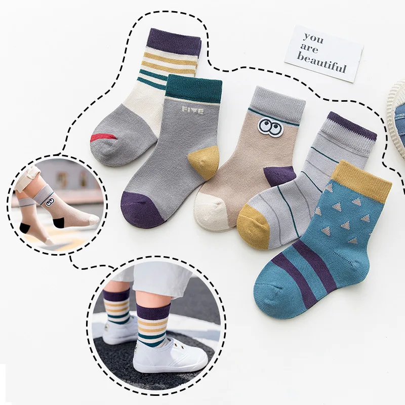 5 пар носков для маленьких мальчиков и девочек г., осенне-зимние хлопковые носки для детей, однотонные детские носки в полоску с милыми цветами и буквами - Цвет: K