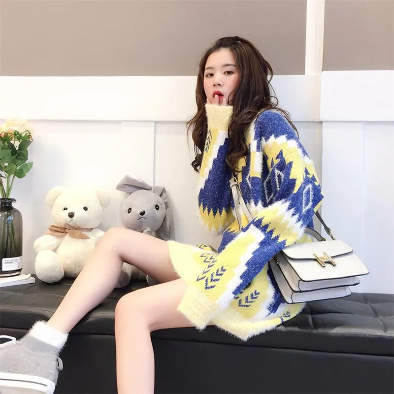 

Midi Length Loose Sweater Women 2019 New Autumn Winter Korean Print Pullover Sweater Female Jumpers Holiday Sweet Knitwear
