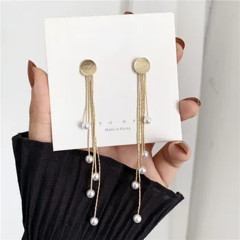 

2020 South Korea New Fashion Pearl Earrings Female Personality Simple Drawing Long Tassel Earrings