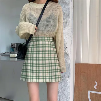 

Fashion Plaid Skirt High Waist Womens Slim Preppy Style Spring Autumn Winter Casual Empire Mini Skirts W4